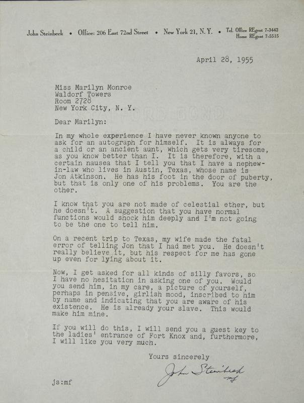 Marilyn Monroe letter Steinbeck